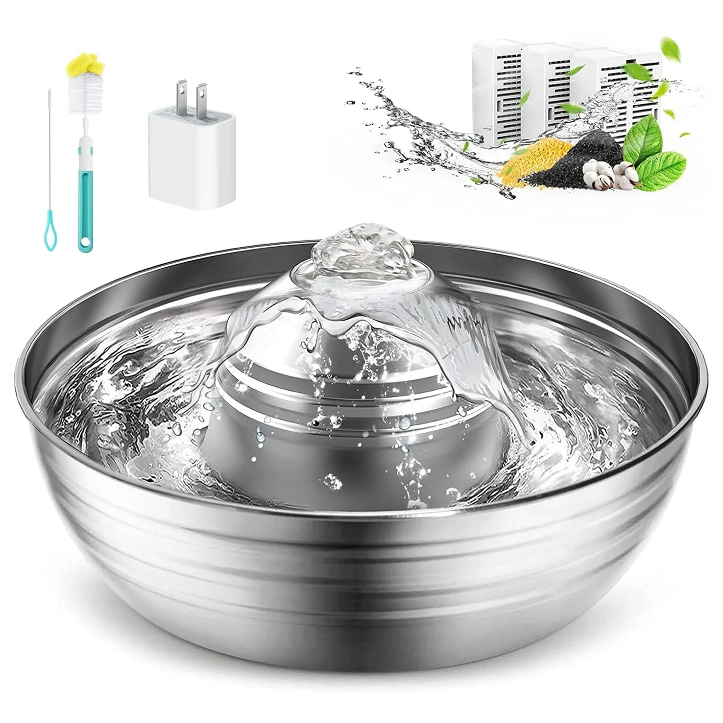 CW03 Cat Water Fountain 304 Stainless Steel, 2L/68Oz Quiet Cat Fountain for Cats Drinking, Dual Filtration Cat Water Bowl for Kittens, Silver